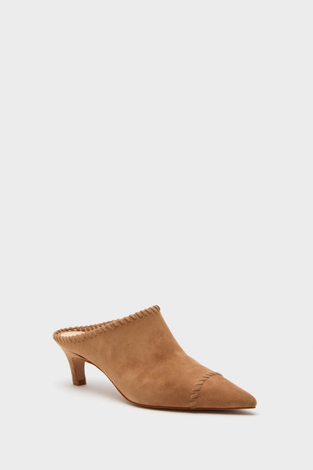 Camel Suede Whipstitch Kathryn Mules: classic, effortless slip-on featuring a pointed toe, low kitten heel, and fun whipstitch detailing, perfect for a high-end, stylish look.