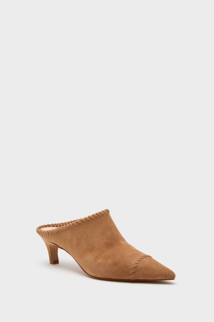 Camel Suede Whipstitch Kathryn Mules: classic, effortless slip-on featuring a pointed toe, low kitten heel, and fun whipstitch detailing, perfect for a high-end, stylish look.