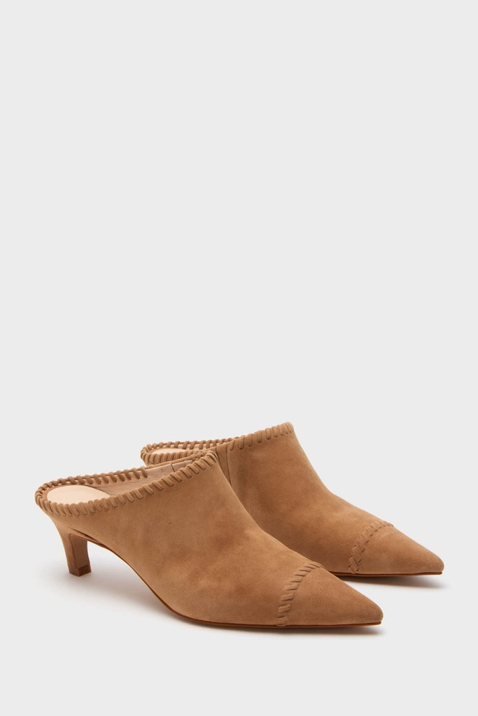 Camel Suede Whipstitch Kathryn Mules: classic slip-on design with pointed toe, low kitten heel, and effortless whip-stitch detailing for a fun, high-end look.