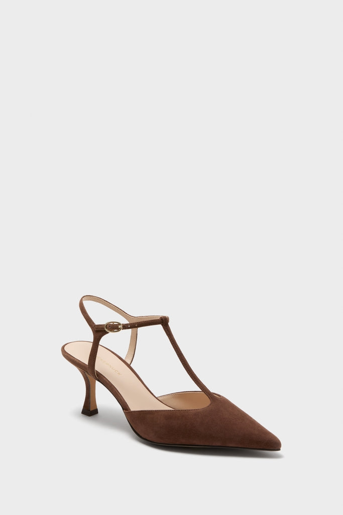 Chocolate Suede Margot Heels: A classic, fun, and effortless brown suede pump with a pointed toe, adjustable T-strap, and a comfortable kitten heel, exuding high-end style.