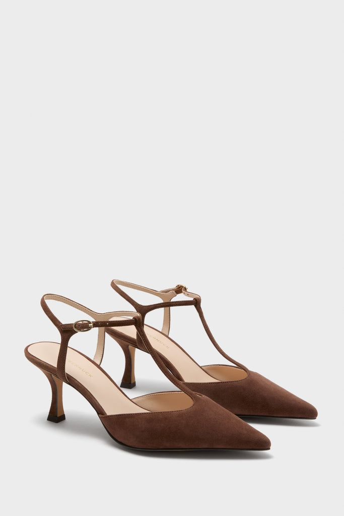 Chocolate Suede Margot Heels, featuring a classic pointed toe, effortless T-strap, and fun adjustable ankle strap, perfect for high-end style from desk to dinner.
