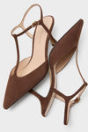 Chocolate Suede Margot Heels: classic, pointed-toe kitten heels with T-strap and slingback, offering effortless style and comfort for a fun, high-end, day-to-night look.