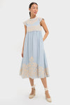 Blue Alexandra Embroidery Cap Sleeve Midi Dress