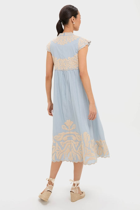 Blue Alexandra Embroidery Cap Sleeve Midi Dress