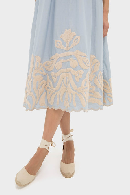 Blue Alexandra Embroidery Cap Sleeve Midi Dress