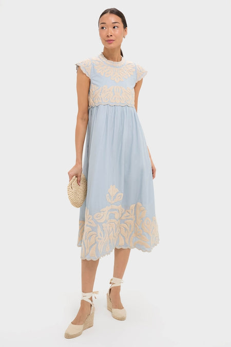 Blue Alexandra Embroidery Cap Sleeve Midi Dress