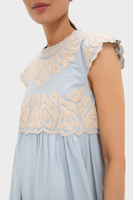 Blue Alexandra Embroidery Cap Sleeve Midi Dress