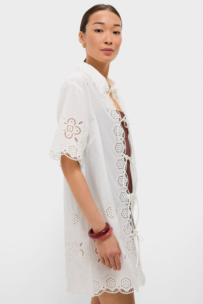 White Babette Eyelet Swim Tie Front Coverup