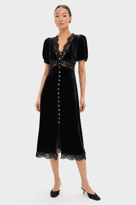 Navy Clarice Velvet Puff Sleeve Midi Dress