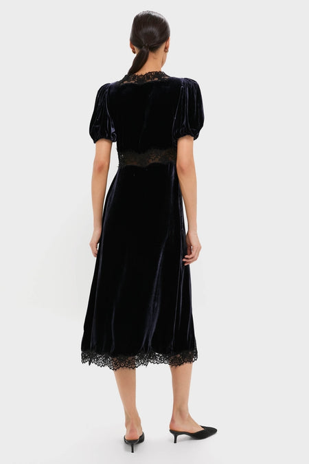 Navy Clarice Velvet Puff Sleeve Midi Dress