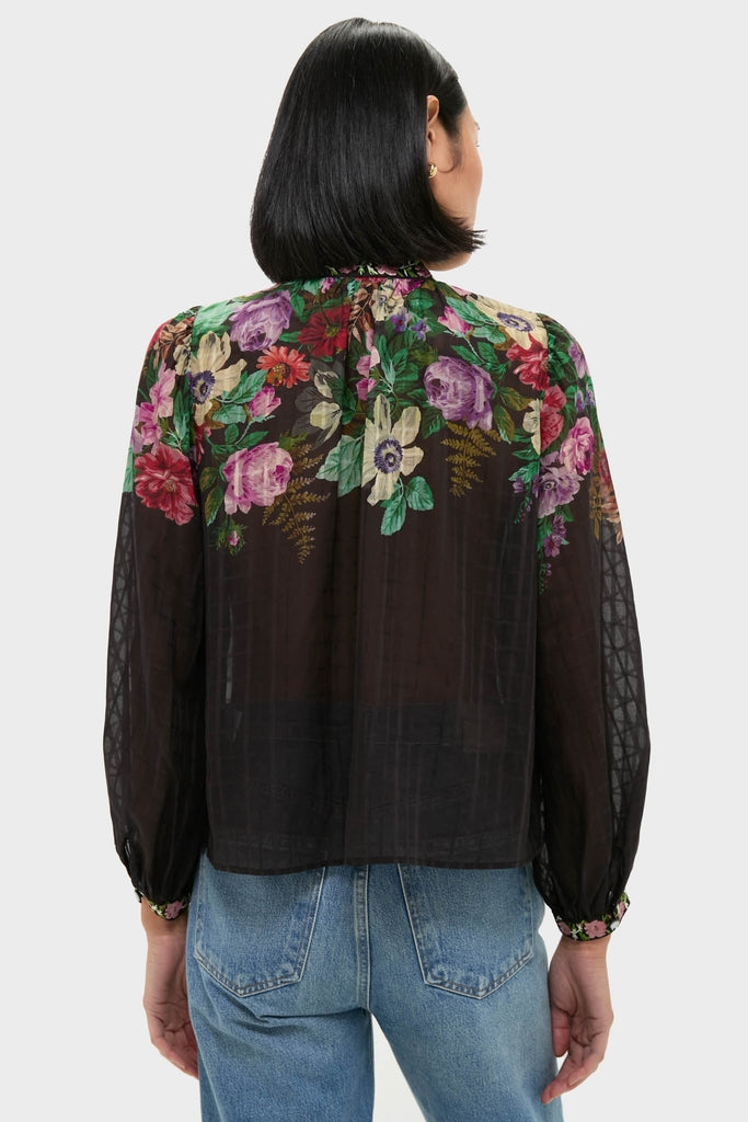 Back view of a person wearing the classic Multi Viktoria Print Long Sleeve Blouse, showcasing its effortless floral design, voluminous sleeves, and high-end feminine style with fun, romantic details.