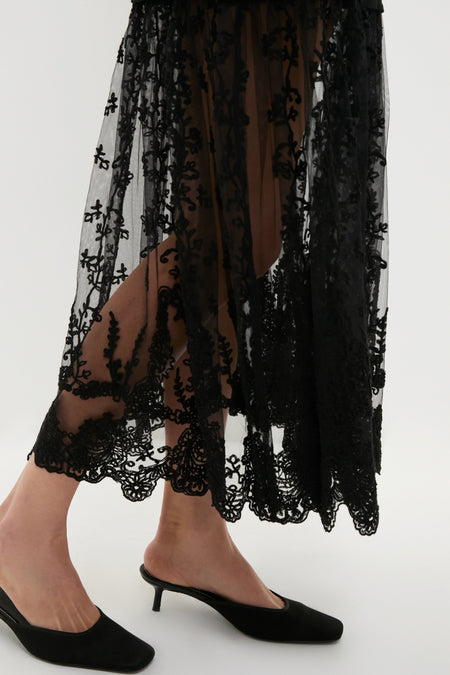 Black Diane Knit Lace Combo Knit Dress showcases an intricate floral-embroidery hem. Paired with classic black kitten-heel mules, it offers an effortless, high-end style.