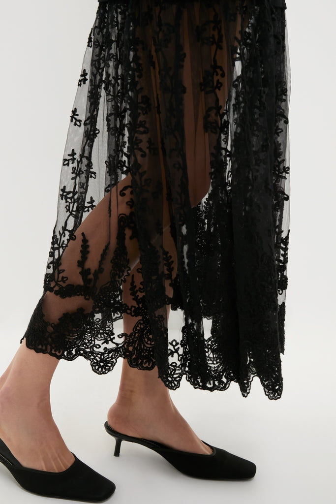 Black Diane Knit Lace Combo Knit Dress showcases an intricate floral-embroidery hem. Paired with classic black kitten-heel mules, it offers an effortless, high-end style.
