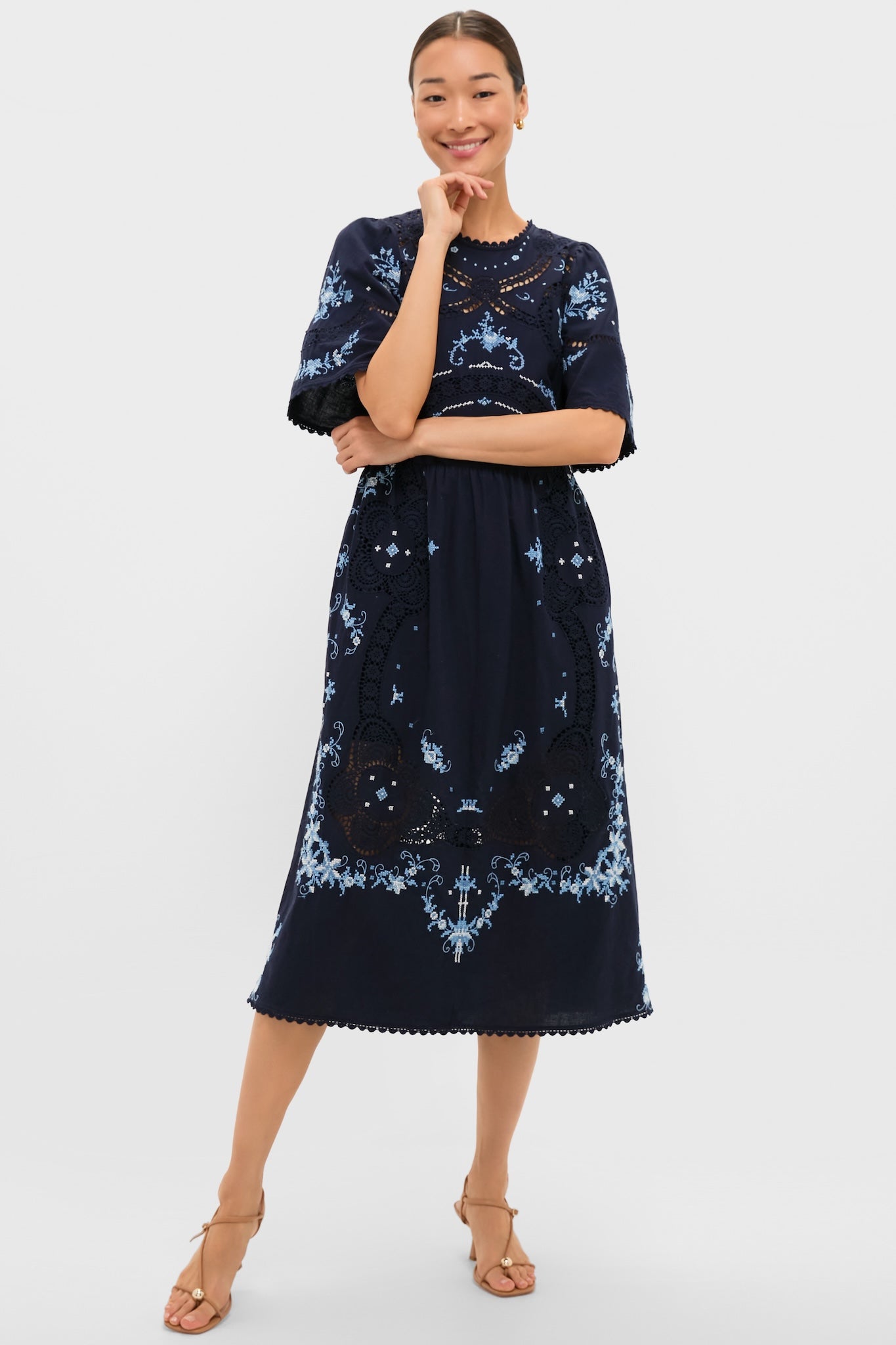 Exclusive Navy Edwina Embroidery Midi Dress featuring classic floral embroidery, effortless lace inserts, and fun bell sleeves, embodying Tuckernuck's cool, high-end style for any occasion.