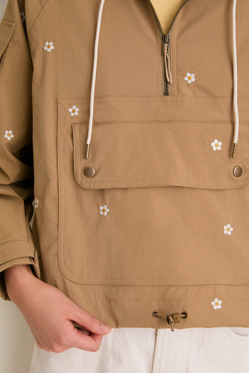 Khaki with Daisy Embroidery Cropped Trailhead Pullover