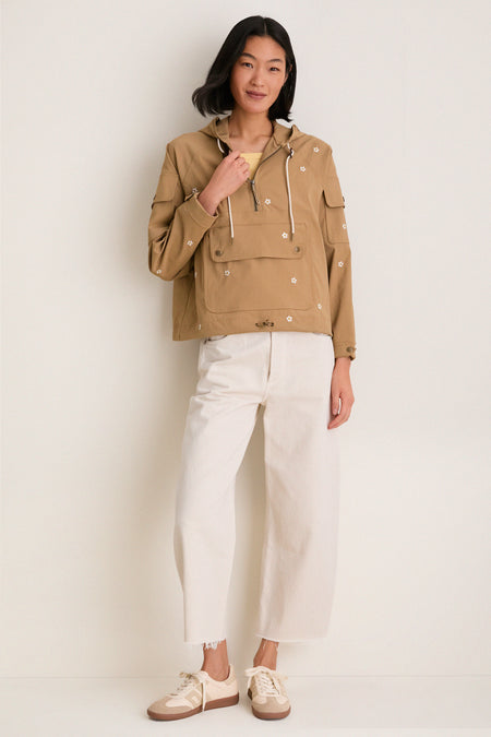 Khaki with Daisy Embroidery Cropped Trailhead Pullover