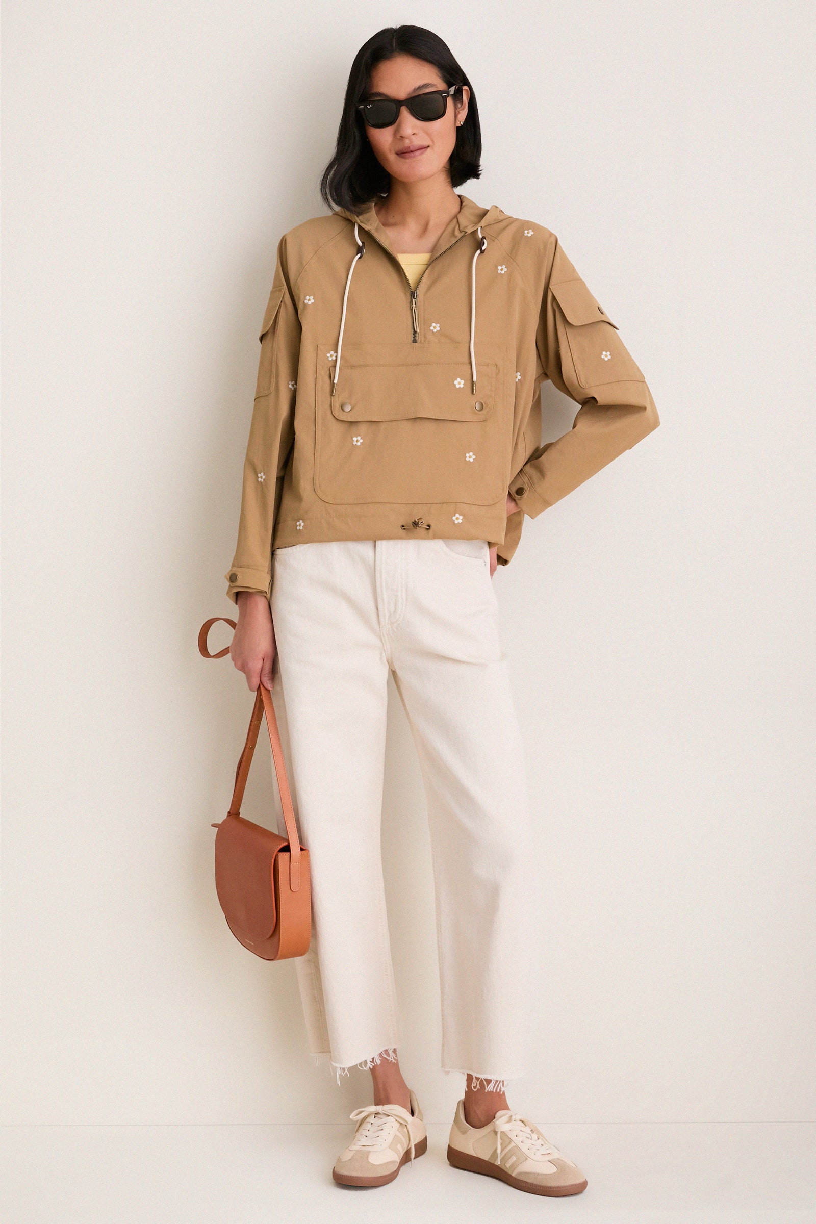 Khaki with Daisy Embroidery Cropped Trailhead Pullover