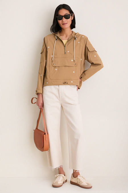 Khaki with Daisy Embroidery Cropped Trailhead Pullover