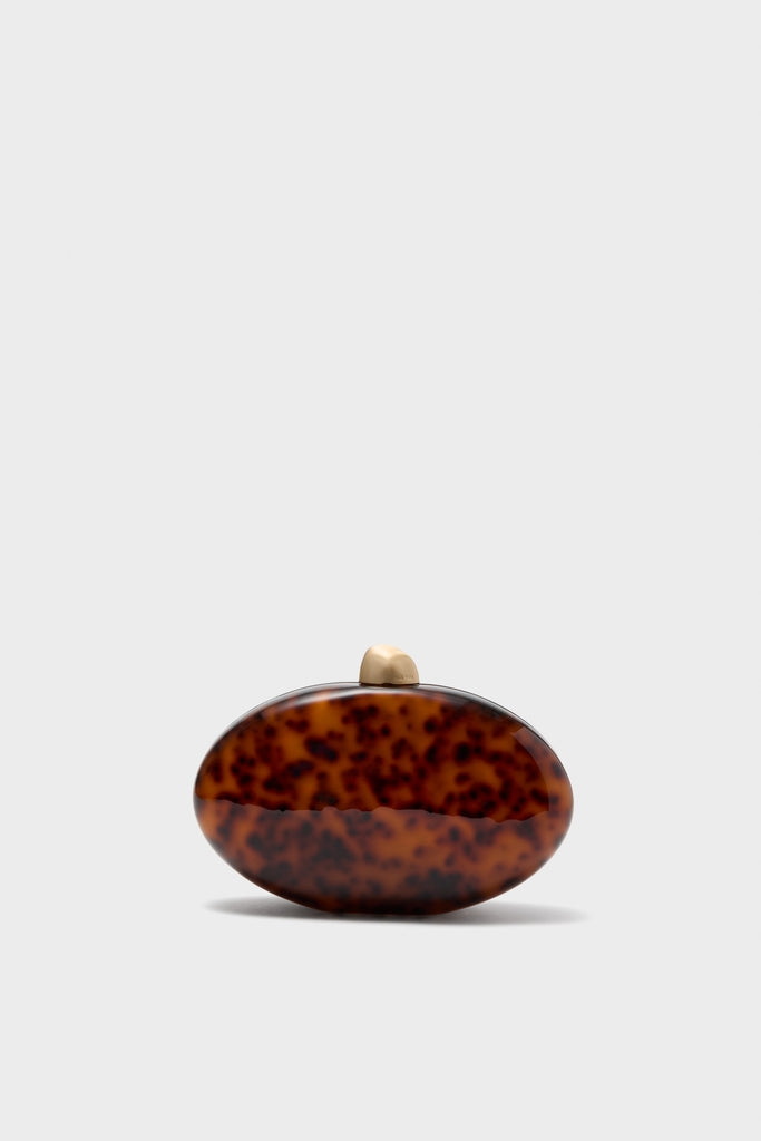 Caramel Tortoise Eviana Clutch: An effortlessly classic, high-end acrylic evening bag with a fun tortoiseshell pattern, featuring a gold clasp and removable chain strap.