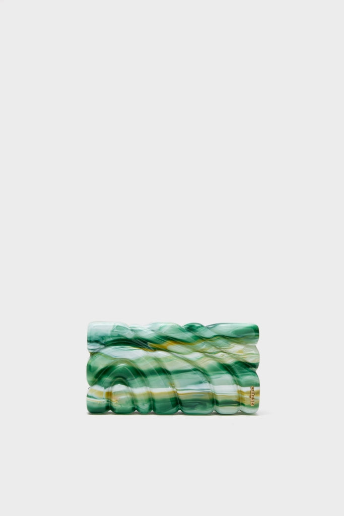 Sage Aura Clutch: A classic, high-end clutch with an effortless wave-patterned, glossy finish in green hues, accented by a tiny gold logo plaque for a fun touch.