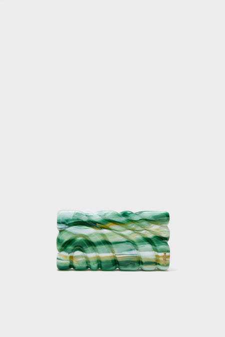 Sage Aura Clutch: A classic, high-end clutch with an effortless wave-patterned, glossy finish in green hues, accented by a tiny gold logo plaque for a fun touch.