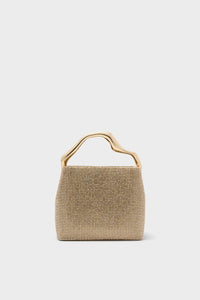 Sand Dollar Solene Mini Top Handle, a classic and high-end evening bag with gold-tone rhinestones, sculptural handle, and trapezoidal shape, perfect for effortless, fun occasions.