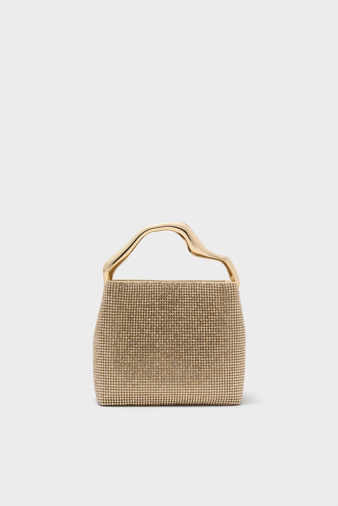 Sand Dollar Solene Mini Top Handle, a classic and high-end evening bag with gold-tone rhinestones, sculptural handle, and trapezoidal shape, perfect for effortless, fun occasions.