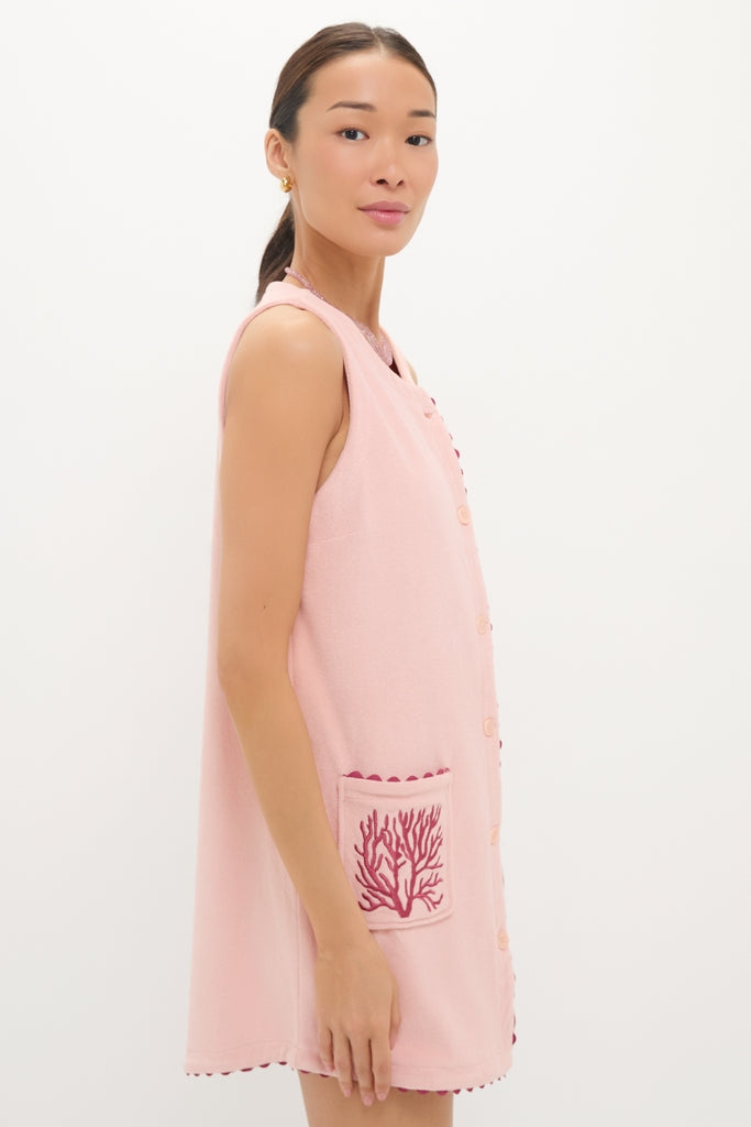 Coral Embroidered Mini Bermuda Terrycloth Coverup: A classic, sleeveless tunic with effortless style, featuring a fun embroidered pocket and scalloped hem, embodying Tuckernuck's high-end, confident aesthetic.
