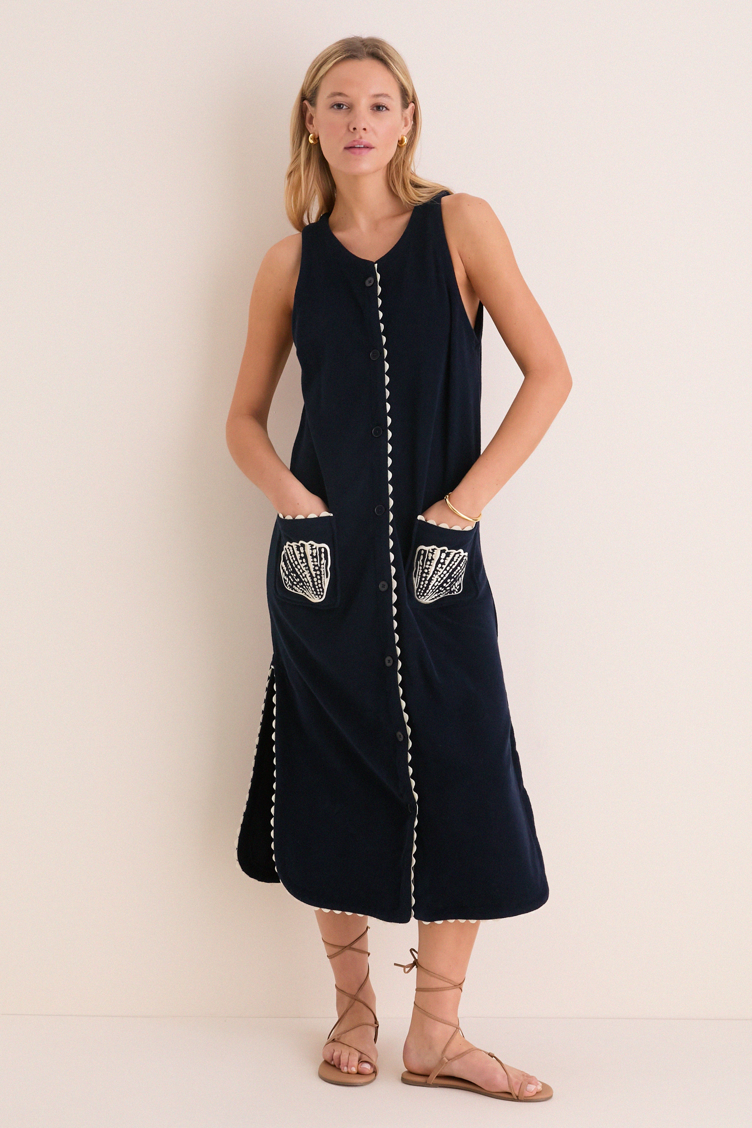Navy Embroidered Bermuda Terrycloth Caftan | Tnuck Beach