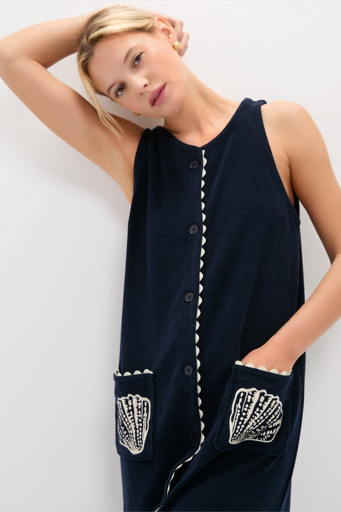Navy Embroidered Bermuda Terrycloth Caftan