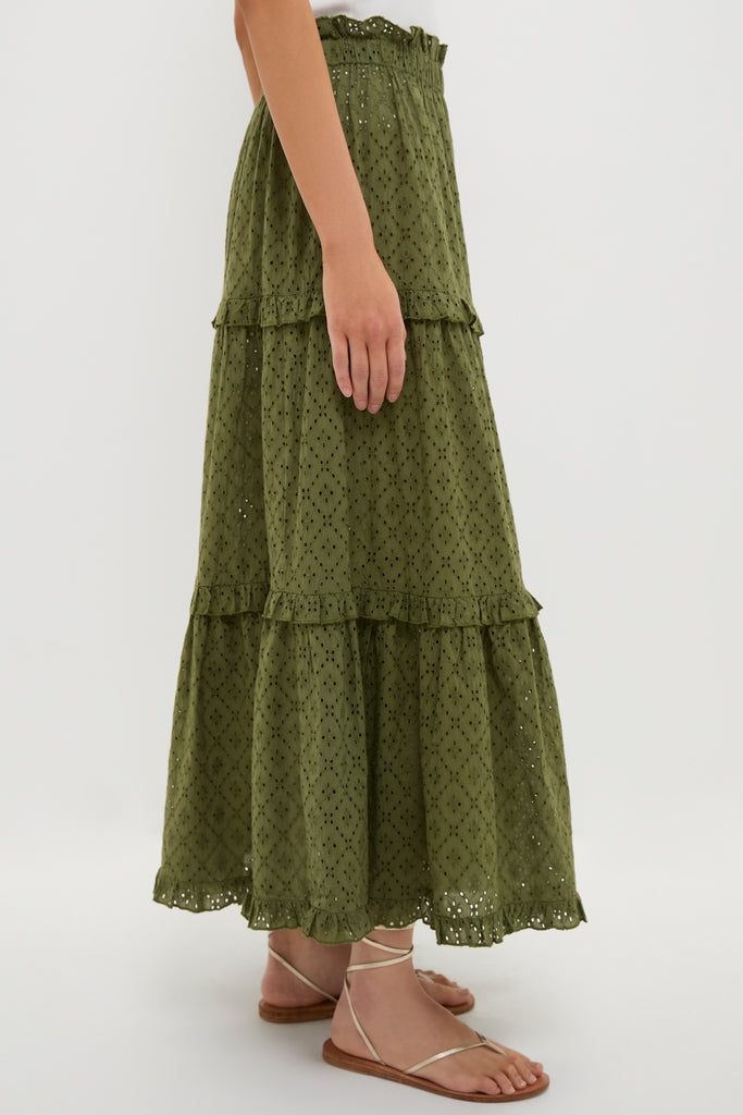 Model in a classic, effortless Fern Eyelet Prado Skirt with eyelet detailing and ruffled tiers, paired with fun, high-end flat strappy sandals for a chic look.