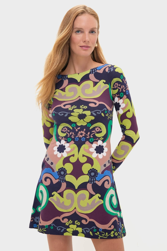 Papalote Rubi Dress: A classic, long-sleeve dress with an effortless and fun swirling vine and floral pattern, embodying Tuckernuck's high-end, cool style.