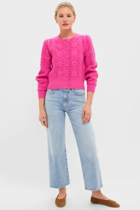 Model wearing the Hot Pink Embroidered Floral Frankie Cardigan with a classic, effortless style, paired with high-rise jeans and ballet flats for a fun, high-end look.