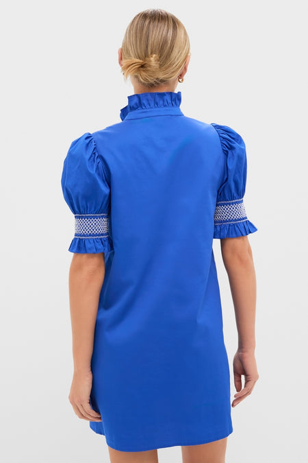 Back view of the Royal Blue with White Embroidery Lou Lou Mini Dress, featuring a classic, high-end design with ruffled collar and puffed sleeves, embodying effortless and fun elegance.