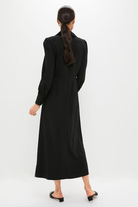 Black Long Sleeve Mariella Midi Dress exudes classic, effortless elegance with velvet trim, blouson sleeves, and side gather, paired with chic, open-back mules.