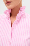 Close-up of the Pink Candy Stripe Louisa Blouse, featuring a classic ruffled stand-up collar and effortless vertical stripes, exuding a high-end, fun style.