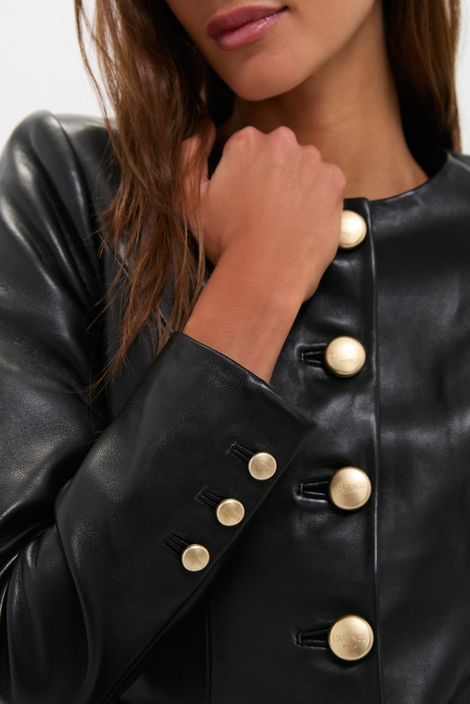 Black Mariella Collarless Blazer with large gold buttons, exuding a classic, high-end feel. Effortless style with a fun, confident touch, showcased by Tuckernuck.