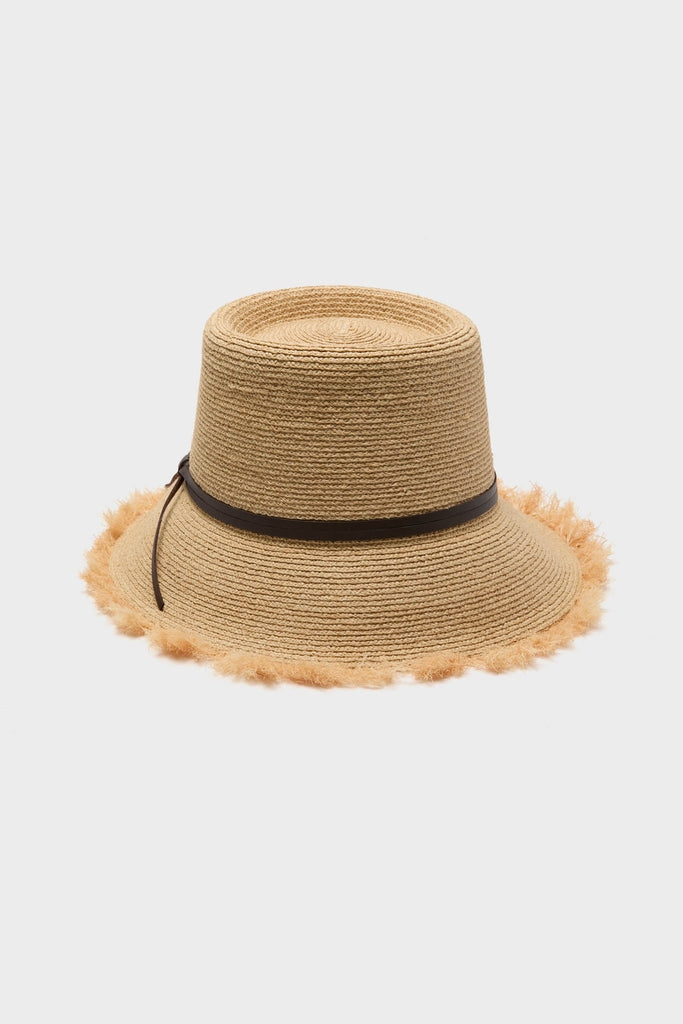 Natural and Chocolate Zoe Lampshade Hat: A classic woven straw sun hat with a slightly tapered crown, modest brim, and dark band, offering effortless high-end style and fun.
