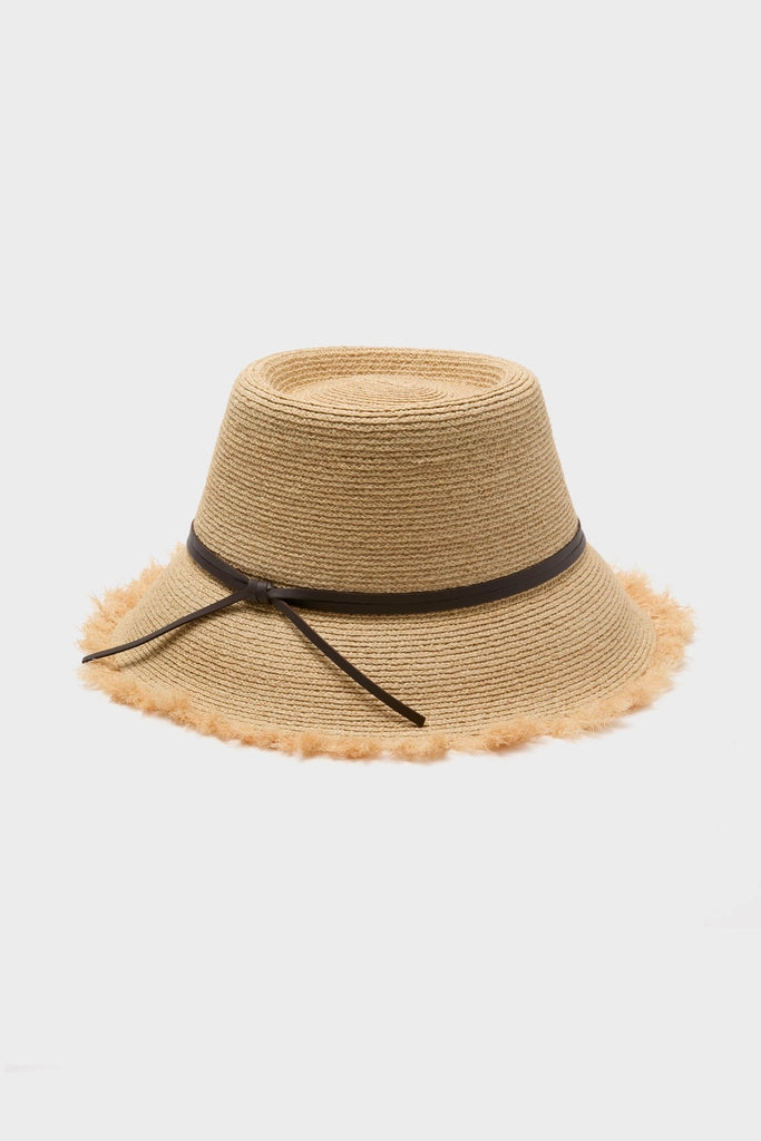 Natural and Chocolate Zoe Lampshade Hat: A classic, effortless woven straw sun hat with a fringed brim and chic dark-brown band, ideal for a fun, high-end style.