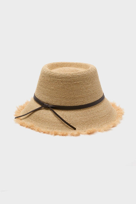 Natural and Chocolate Zoe Lampshade Hat: A classic, effortless woven straw sun hat with a fringed brim and chic dark-brown band, ideal for a fun, high-end style.