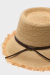 Natural and Chocolate Zoe Lampshade Hat, a classic woven straw sun hat with an effortless, fun design featuring a leather band and slightly frayed edges for a high-end look.