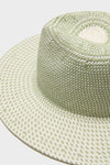 Classic Sage Novelty Packable Hat with pale green and off-white woven design, featuring intricate detailing, adjustable strap, and ventilated crown for an effortless, high-end getaway style.