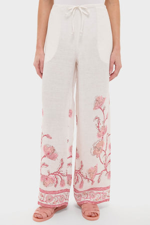 Hibiscus Bloom Pink Florentine Pants showcase a classic, effortless style with a relaxed silhouette, pink floral print, and adjustable drawstring, perfect for a high-end, fun getaway.