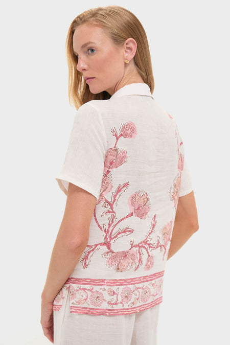 Hibiscus Bloom Pink Gabriella Shirt: Classic, effortless design with intricate floral detailing and hand-stitched trim, exuding high-end, fun style. Perfect for a relaxed, summery look.