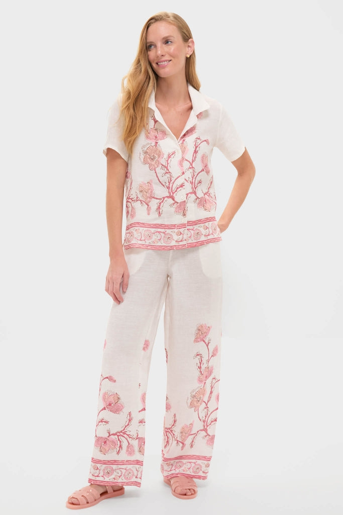 Hibiscus Bloom Pink Gabriella Shirt: classic, effortless loungewear with intricate floral detailing, relaxed fit, and hand-stitched trim, embodying high-end, fun fashion.