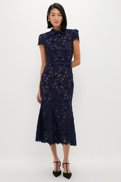 Navy Guipure Lace Midi Dress