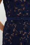 Navy Guipure Lace Midi Dress with floral cut-out lace overlay and matching slim belt, offering a classic, effortless, and high-end style that embodies fun sophistication.