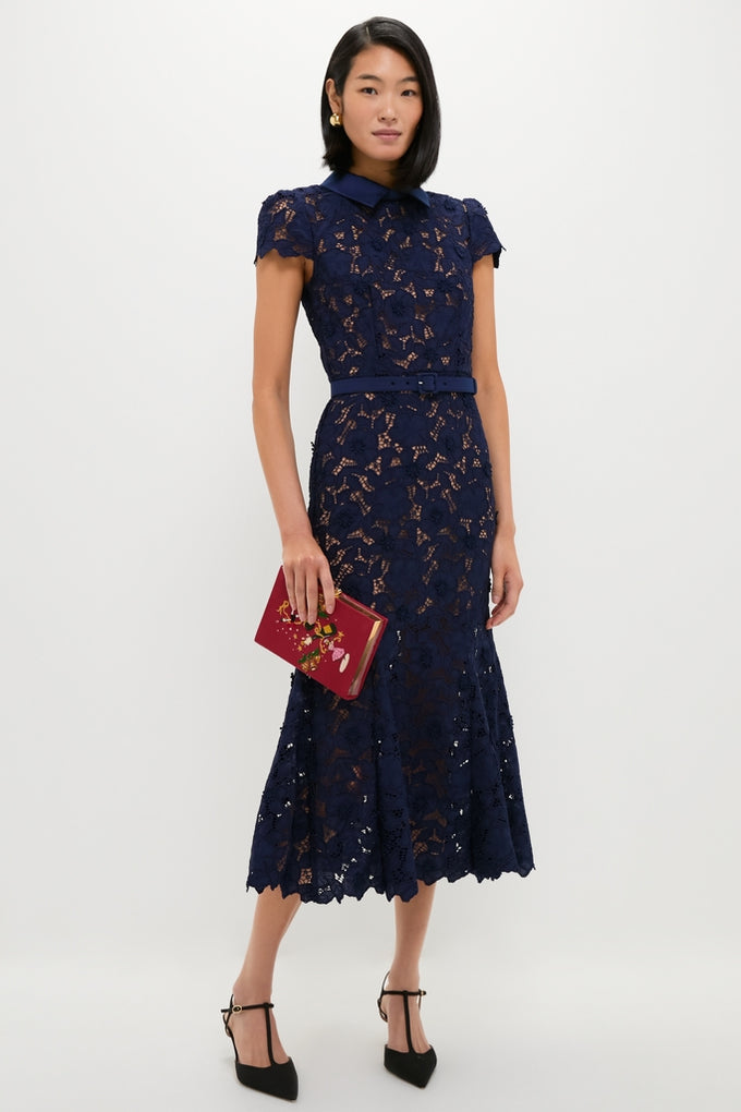 Navy Guipure Lace Midi Dress
