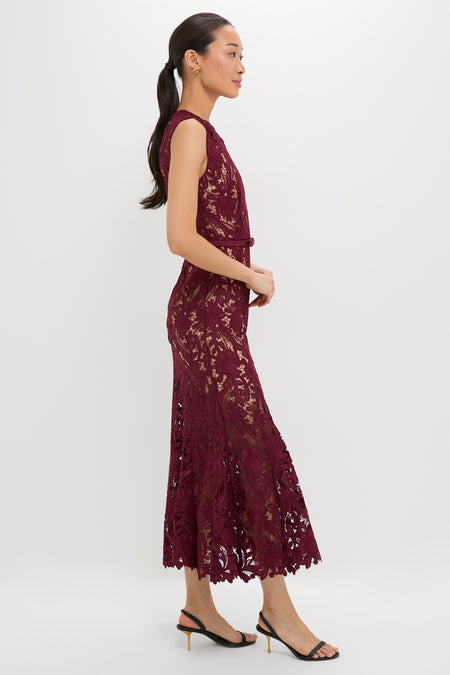 Burgundy Guipure Lace Midi Dress: A classic, high-end sleeveless dress with a slim belt, flared hem, and effortless elegance, paired with fun, black strappy heels.