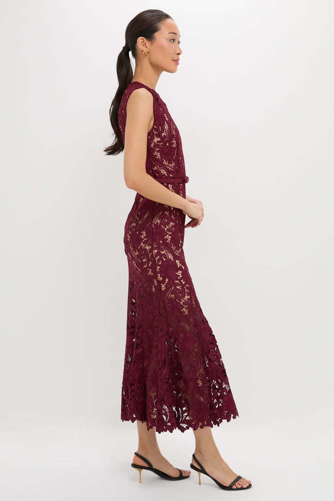 Burgundy Guipure Lace Midi Dress: A classic, high-end sleeveless dress with a slim belt, flared hem, and effortless elegance, paired with fun, black strappy heels.